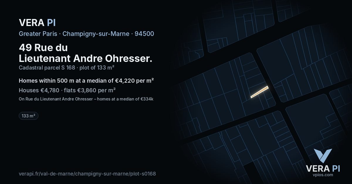49 Rue du Lieutenant Andre Ohresser, Champigny-sur-Marne at night – the plot lit, the parcels around coloured by the prices near them