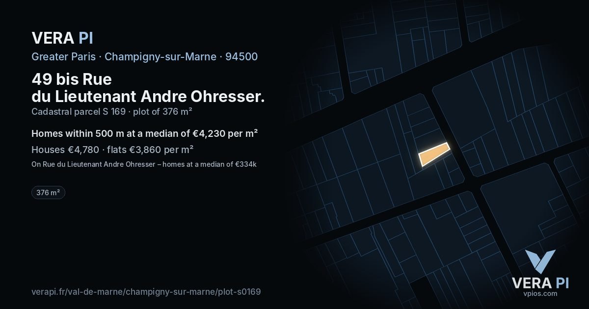 49 bis Rue du Lieutenant Andre Ohresser, Champigny-sur-Marne at night – the plot lit, the parcels around coloured by the prices near them