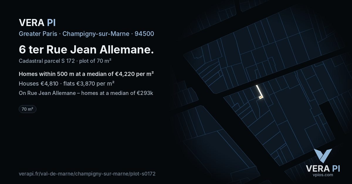 6 ter Rue Jean Allemane, Champigny-sur-Marne at night – the plot lit, the parcels around coloured by the prices near them