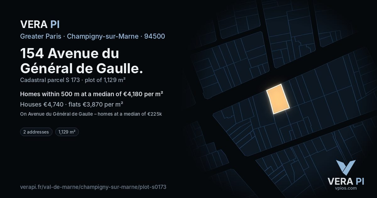 154 Avenue du Général de Gaulle, Champigny-sur-Marne at night – the plot lit, the parcels around coloured by the prices near them