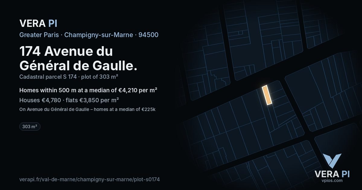 174 Avenue du Général de Gaulle, Champigny-sur-Marne at night – the plot lit, the parcels around coloured by the prices near them
