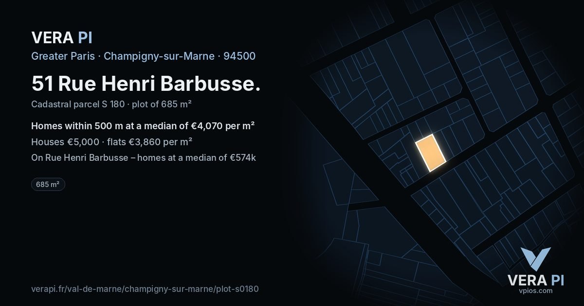 51 Rue Henri Barbusse, Champigny-sur-Marne at night – the plot lit, the parcels around coloured by the prices near them