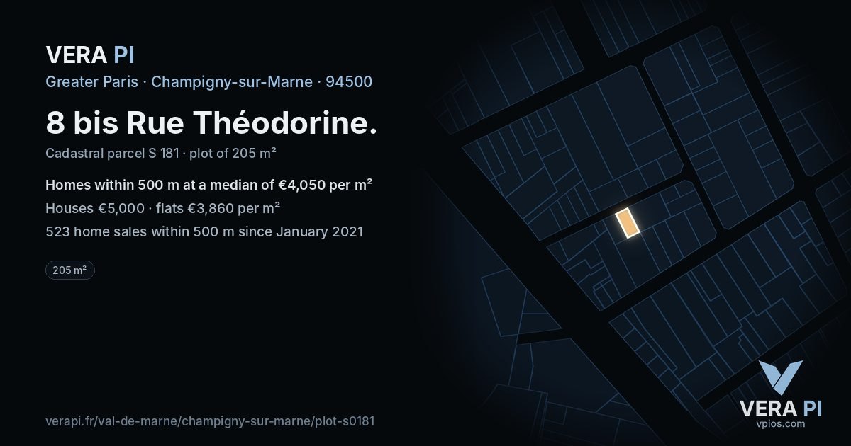8 bis Rue Théodorine, Champigny-sur-Marne at night – the plot lit, the parcels around coloured by the prices near them