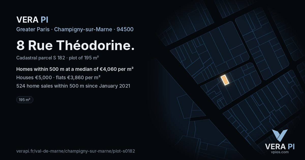 8 Rue Théodorine, Champigny-sur-Marne at night – the plot lit, the parcels around coloured by the prices near them