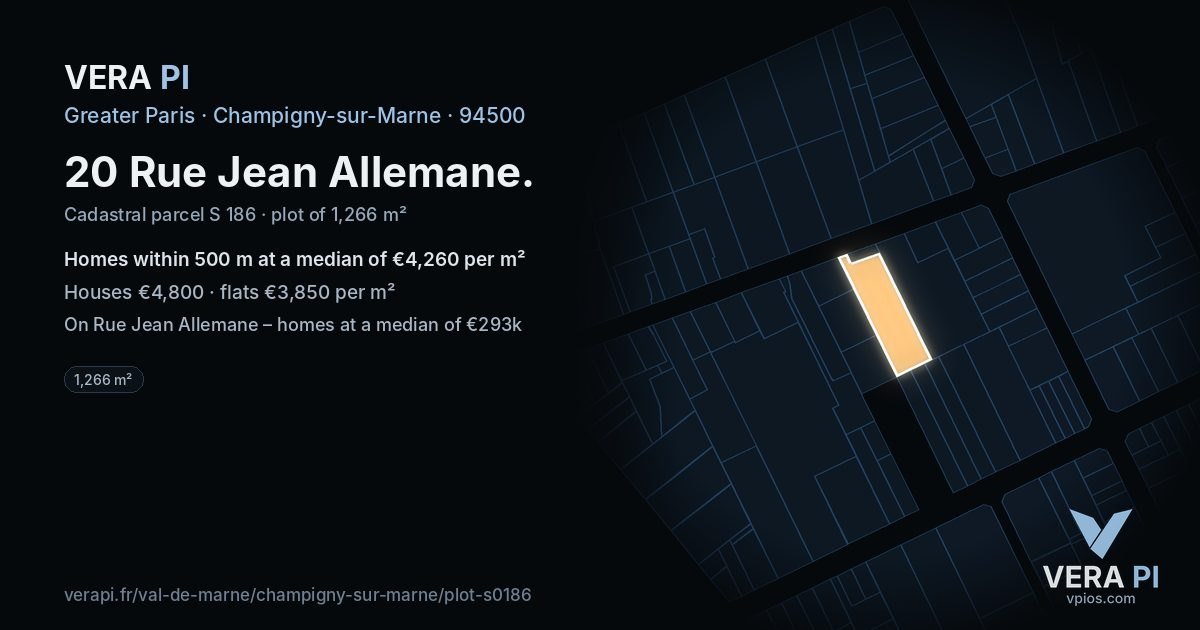 20 Rue Jean Allemane, Champigny-sur-Marne at night – the plot lit, the parcels around coloured by the prices near them