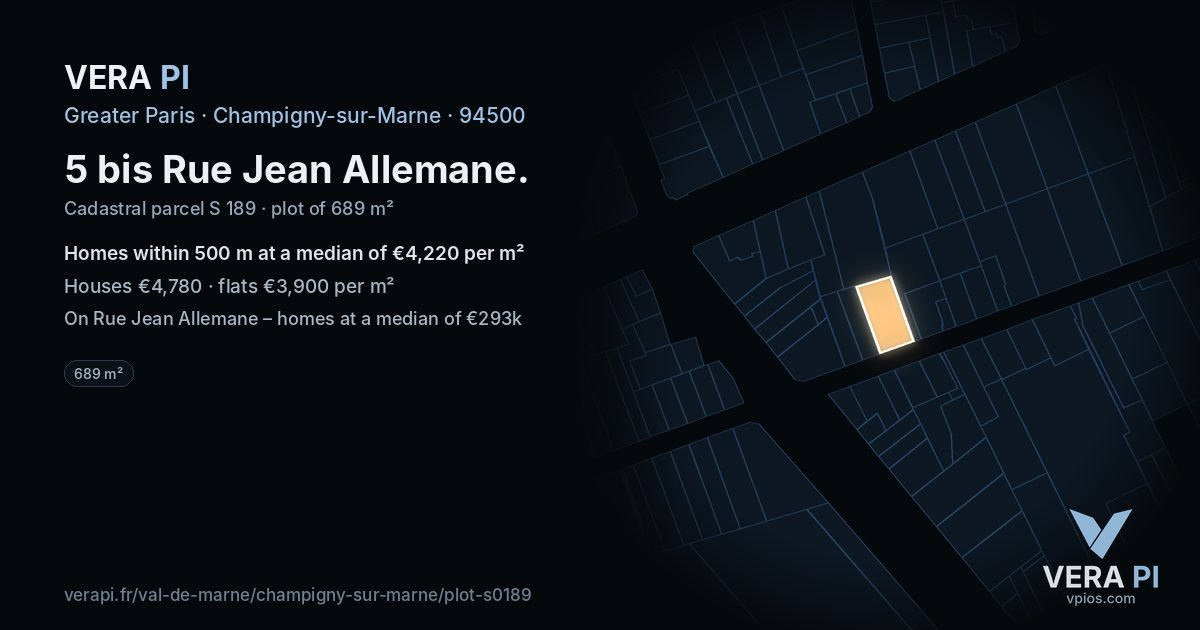 5 bis Rue Jean Allemane, Champigny-sur-Marne at night – the plot lit, the parcels around coloured by the prices near them