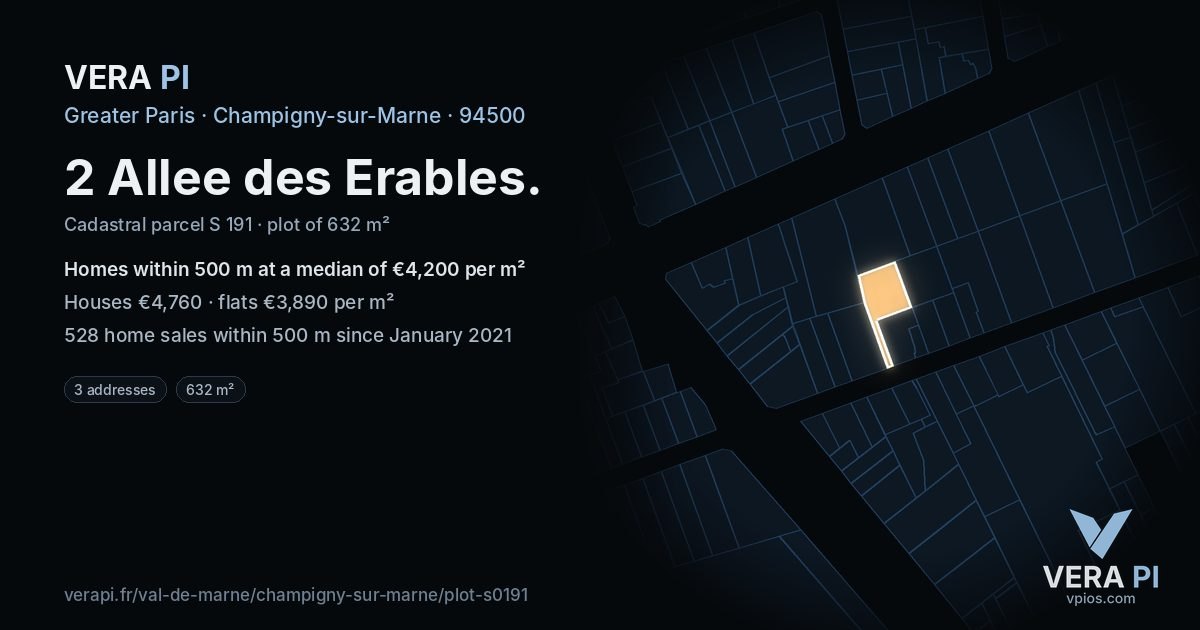 2 Allee des Erables, Champigny-sur-Marne at night – the plot lit, the parcels around coloured by the prices near them
