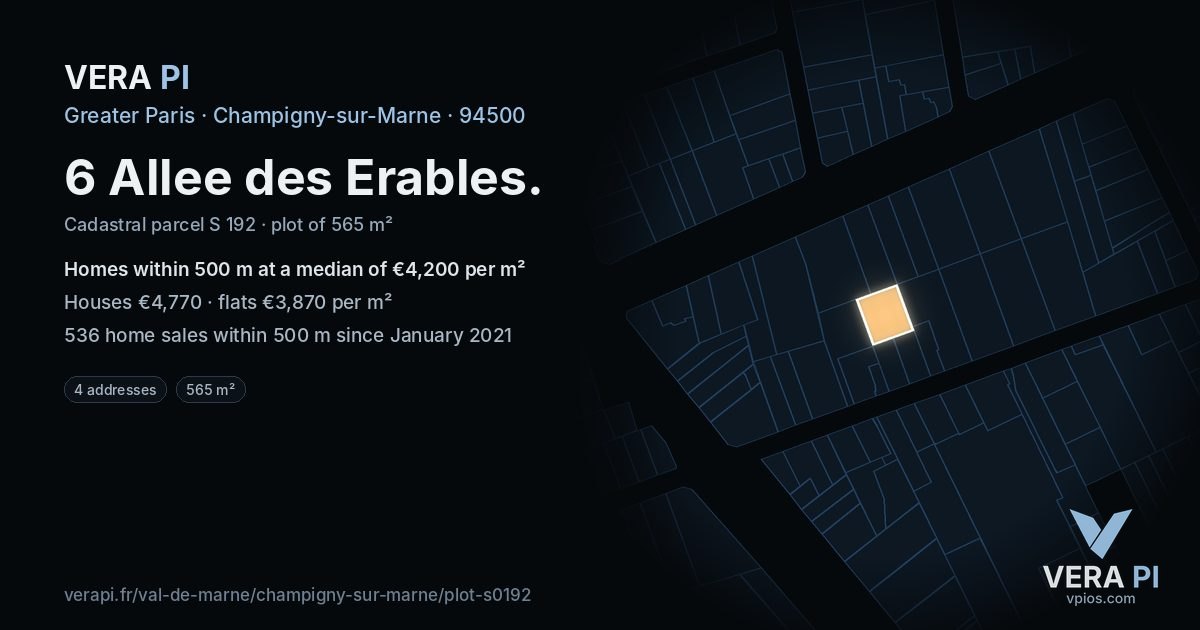 6 Allee des Erables, Champigny-sur-Marne at night – the plot lit, the parcels around coloured by the prices near them