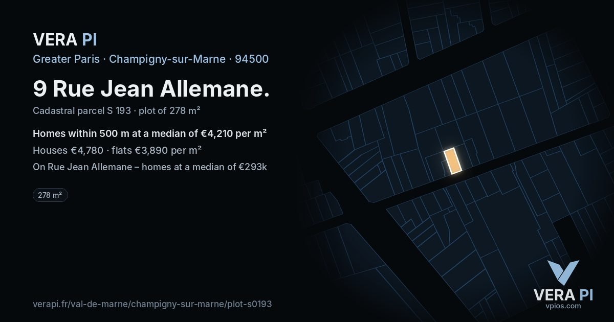 9 Rue Jean Allemane, Champigny-sur-Marne at night – the plot lit, the parcels around coloured by the prices near them