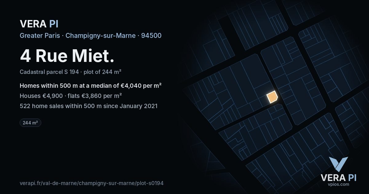 4 Rue Miet, Champigny-sur-Marne at night – the plot lit, the parcels around coloured by the prices near them