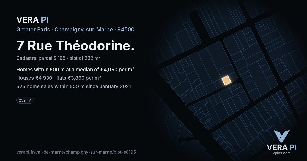 7 Rue Théodorine, Champigny-sur-Marne at night – the plot lit, the parcels around coloured by the prices near them