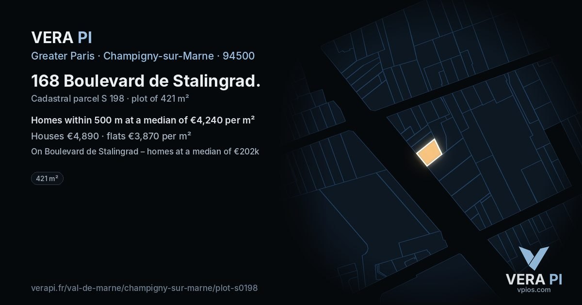 168 Boulevard de Stalingrad, Champigny-sur-Marne at night – the plot lit, the parcels around coloured by the prices near them