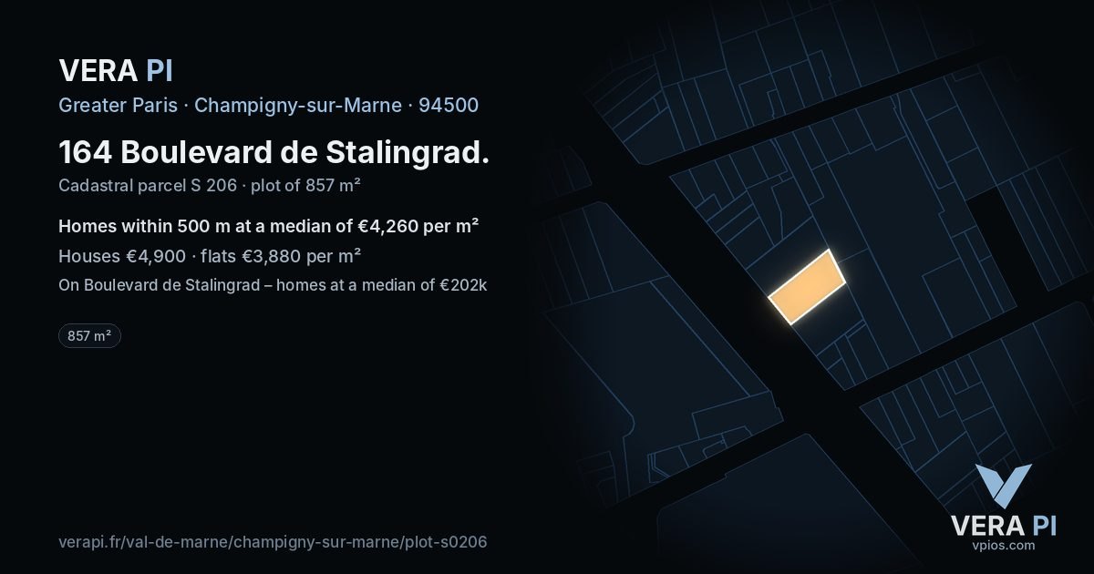 164 Boulevard de Stalingrad, Champigny-sur-Marne at night – the plot lit, the parcels around coloured by the prices near them