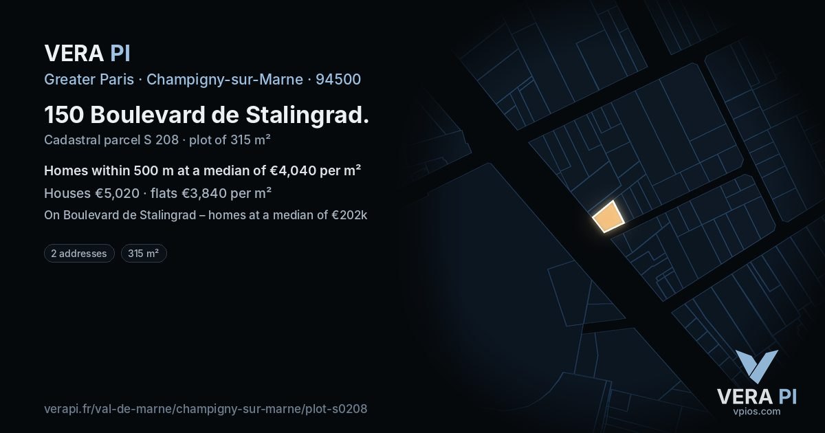 150 Boulevard de Stalingrad, Champigny-sur-Marne at night – the plot lit, the parcels around coloured by the prices near them