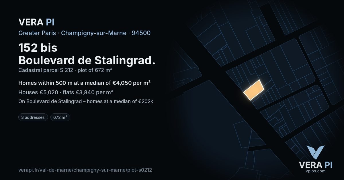 152 bis Boulevard de Stalingrad, Champigny-sur-Marne at night – the plot lit, the parcels around coloured by the prices near them