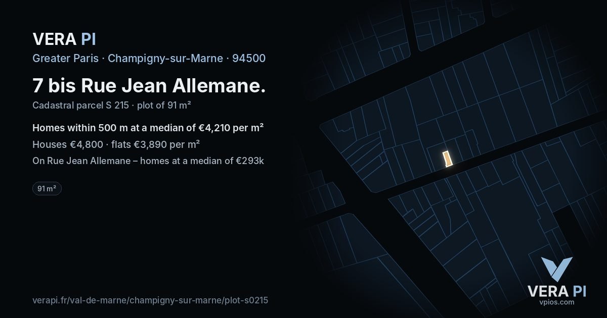 7 bis Rue Jean Allemane, Champigny-sur-Marne at night – the plot lit, the parcels around coloured by the prices near them