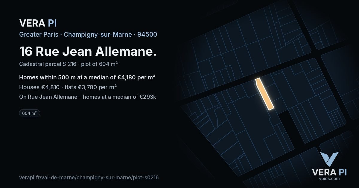 16 Rue Jean Allemane, Champigny-sur-Marne at night – the plot lit, the parcels around coloured by the prices near them