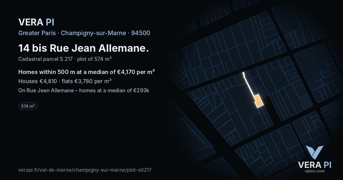14 bis Rue Jean Allemane, Champigny-sur-Marne at night – the plot lit, the parcels around coloured by the prices near them