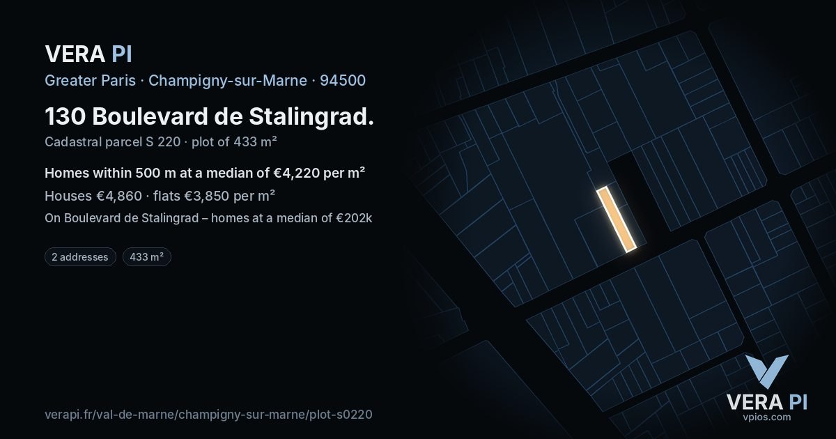 130 Boulevard de Stalingrad, Champigny-sur-Marne at night – the plot lit, the parcels around coloured by the prices near them