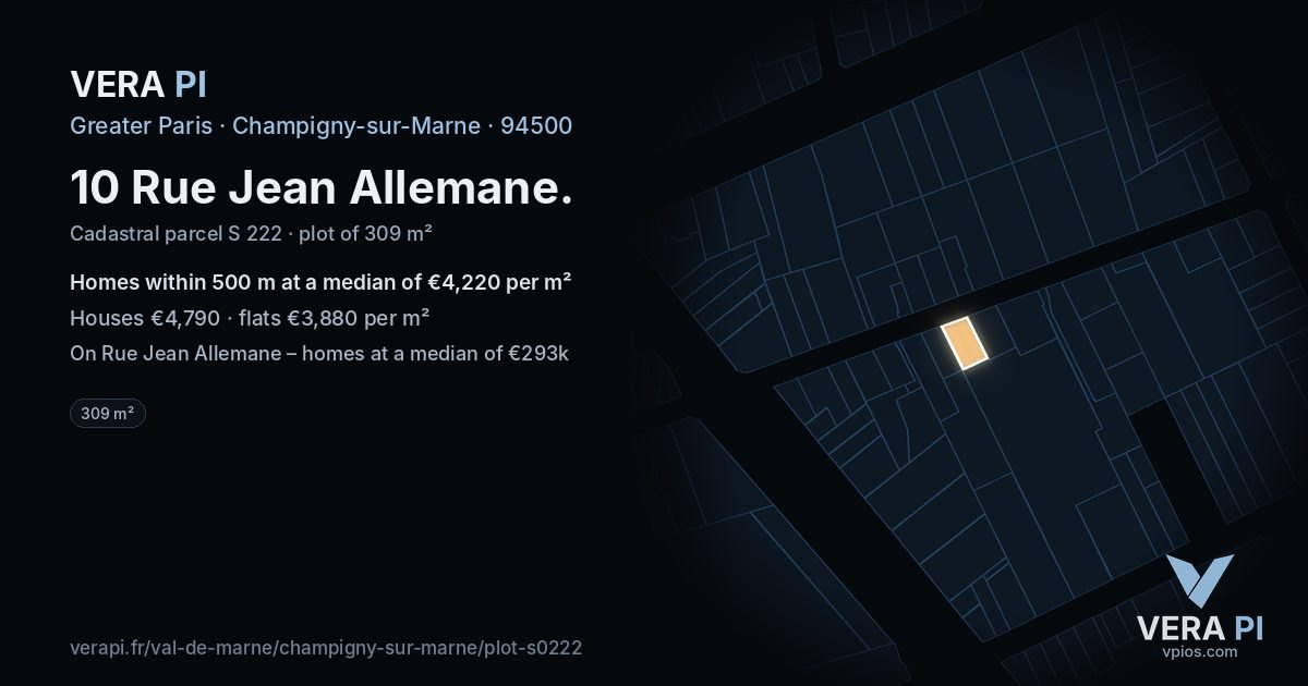 10 Rue Jean Allemane, Champigny-sur-Marne at night – the plot lit, the parcels around coloured by the prices near them