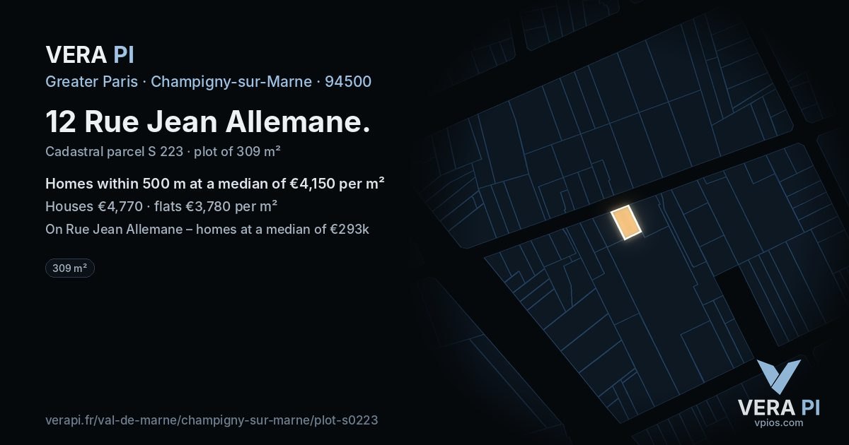 12 Rue Jean Allemane, Champigny-sur-Marne at night – the plot lit, the parcels around coloured by the prices near them