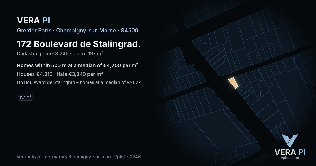 172 Boulevard de Stalingrad, Champigny-sur-Marne at night – the plot lit, the parcels around coloured by the prices near them