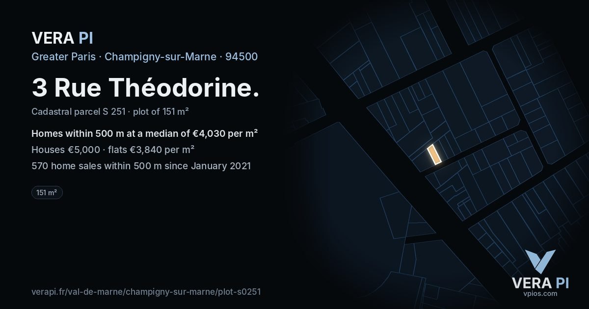 3 Rue Théodorine, Champigny-sur-Marne at night – the plot lit, the parcels around coloured by the prices near them