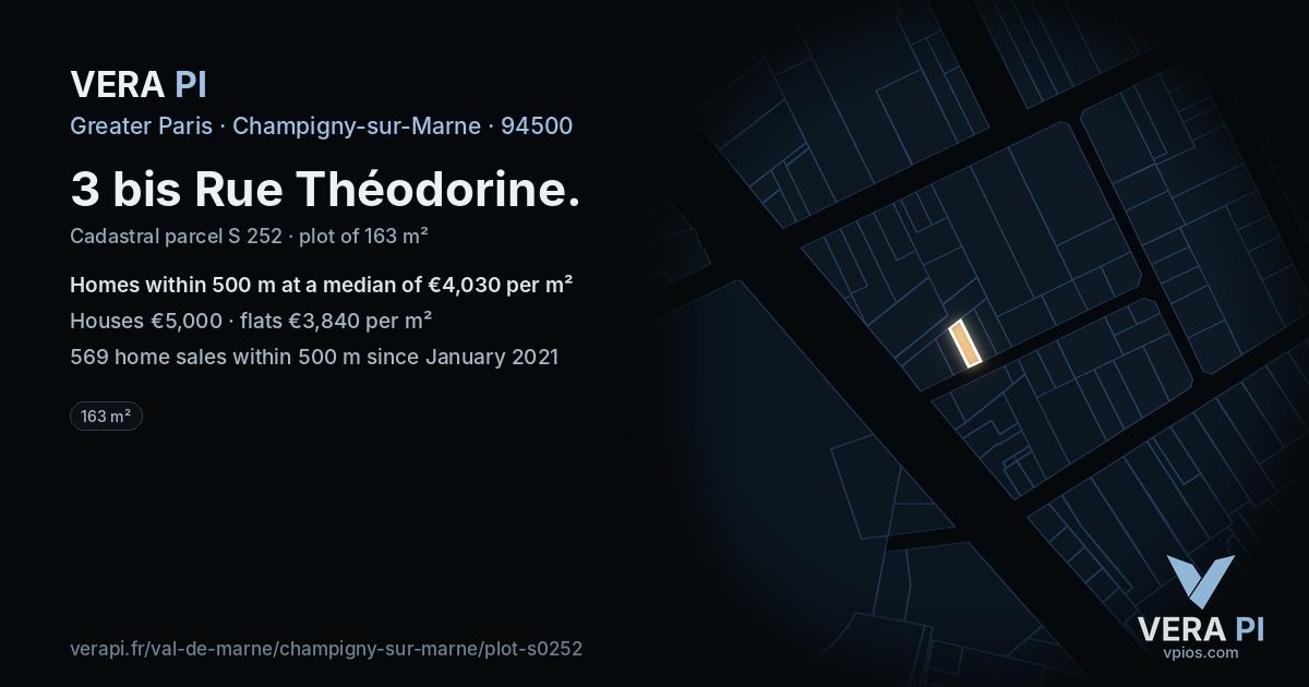 3 bis Rue Théodorine, Champigny-sur-Marne at night – the plot lit, the parcels around coloured by the prices near them