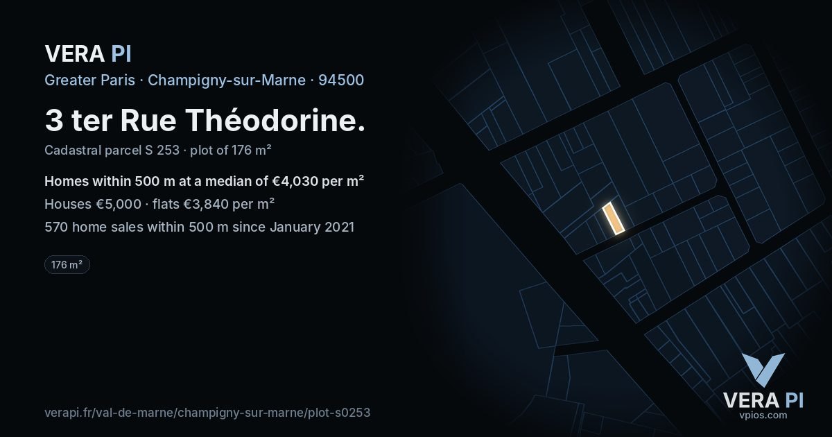 3 ter Rue Théodorine, Champigny-sur-Marne at night – the plot lit, the parcels around coloured by the prices near them
