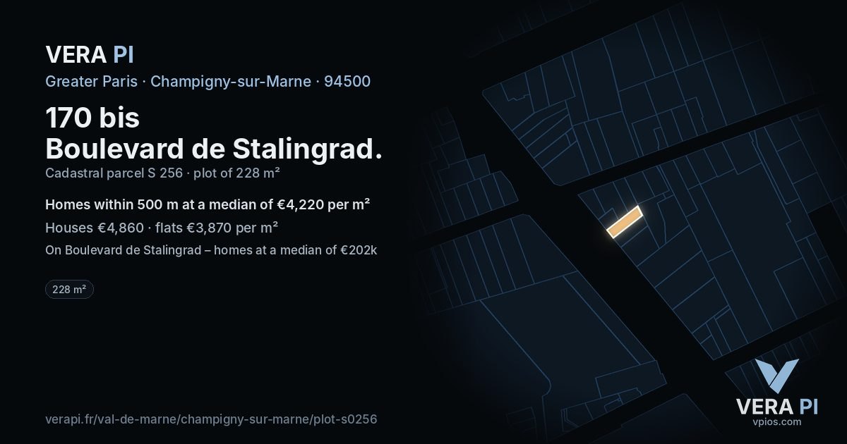 170 bis Boulevard de Stalingrad, Champigny-sur-Marne at night – the plot lit, the parcels around coloured by the prices near them