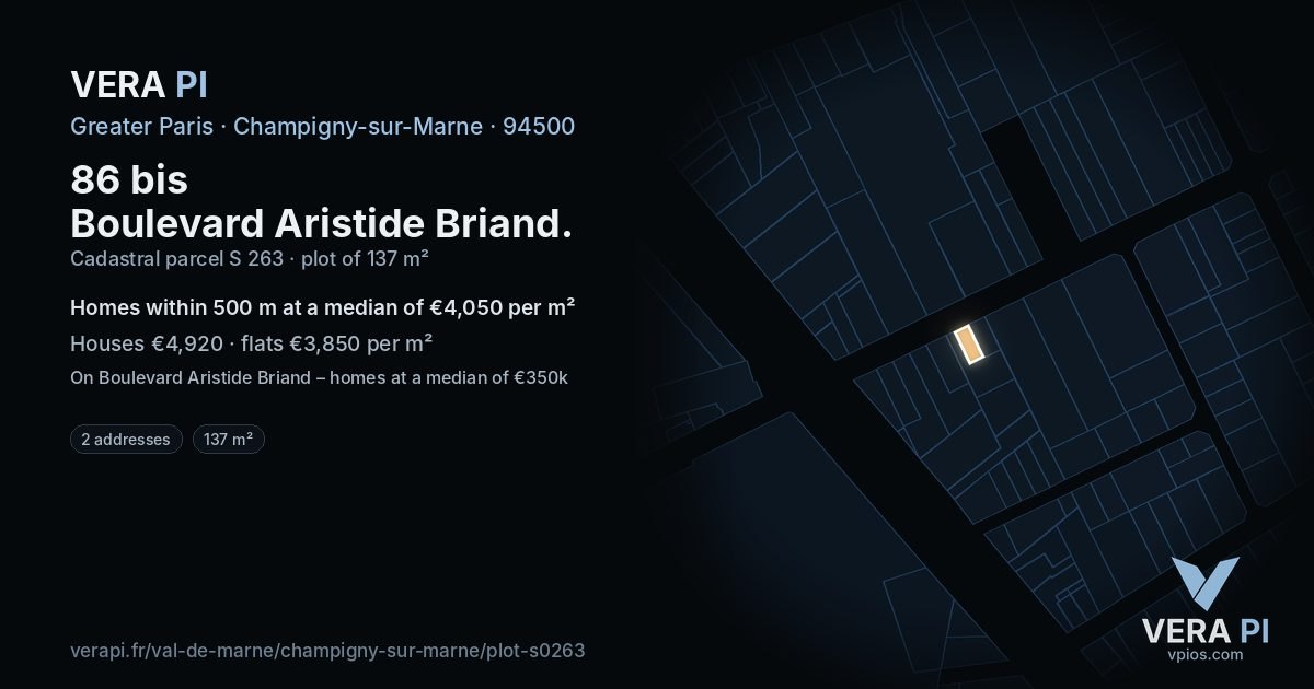 86 bis Boulevard Aristide Briand, Champigny-sur-Marne at night – the plot lit, the parcels around coloured by the prices near them
