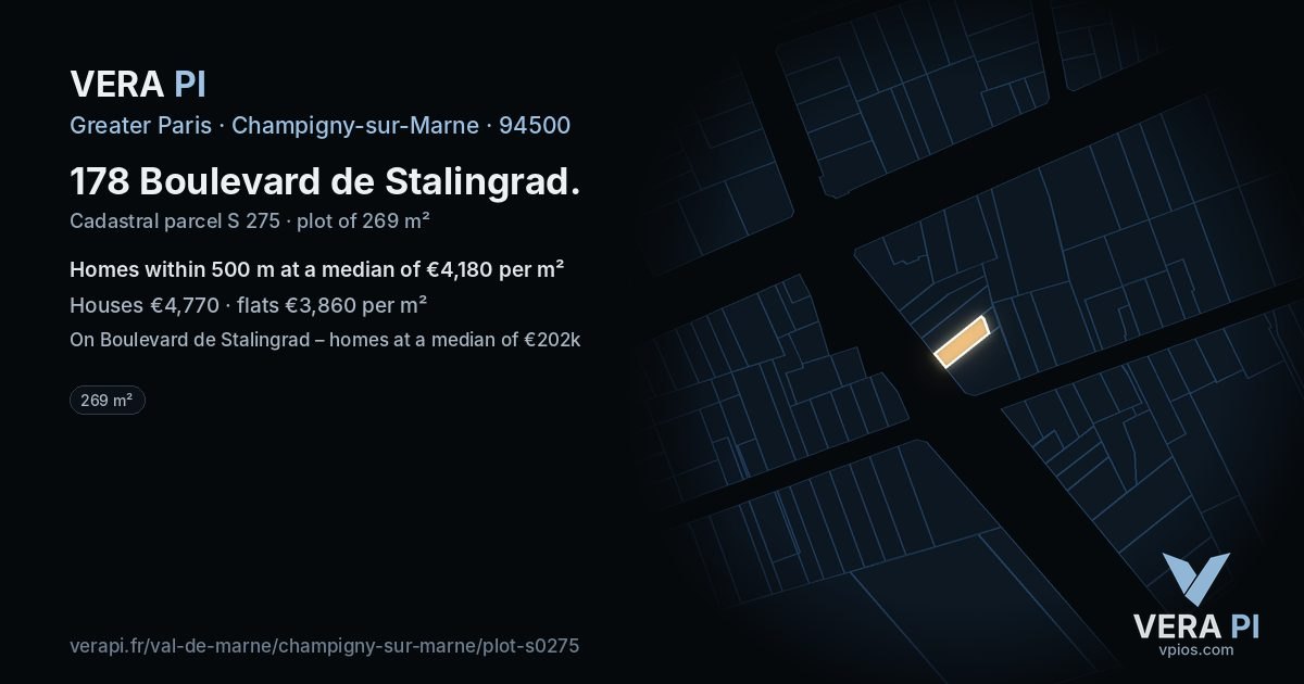 178 Boulevard de Stalingrad, Champigny-sur-Marne at night – the plot lit, the parcels around coloured by the prices near them