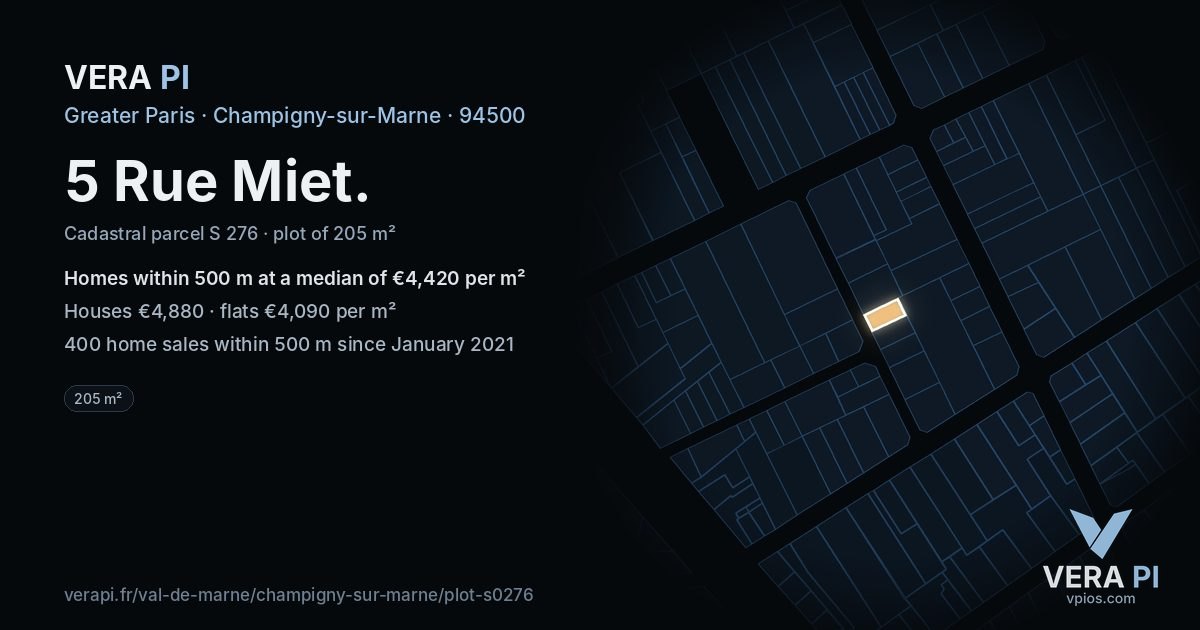 5 Rue Miet, Champigny-sur-Marne at night – the plot lit, the parcels around coloured by the prices near them