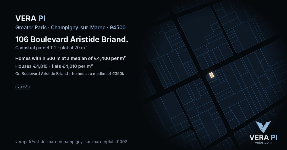 106 Boulevard Aristide Briand, Champigny-sur-Marne at night – the plot lit, the parcels around coloured by the prices near them