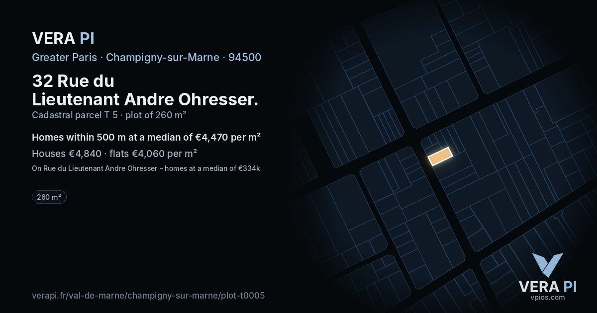 32 Rue du Lieutenant Andre Ohresser, Champigny-sur-Marne at night – the plot lit, the parcels around coloured by the prices near them