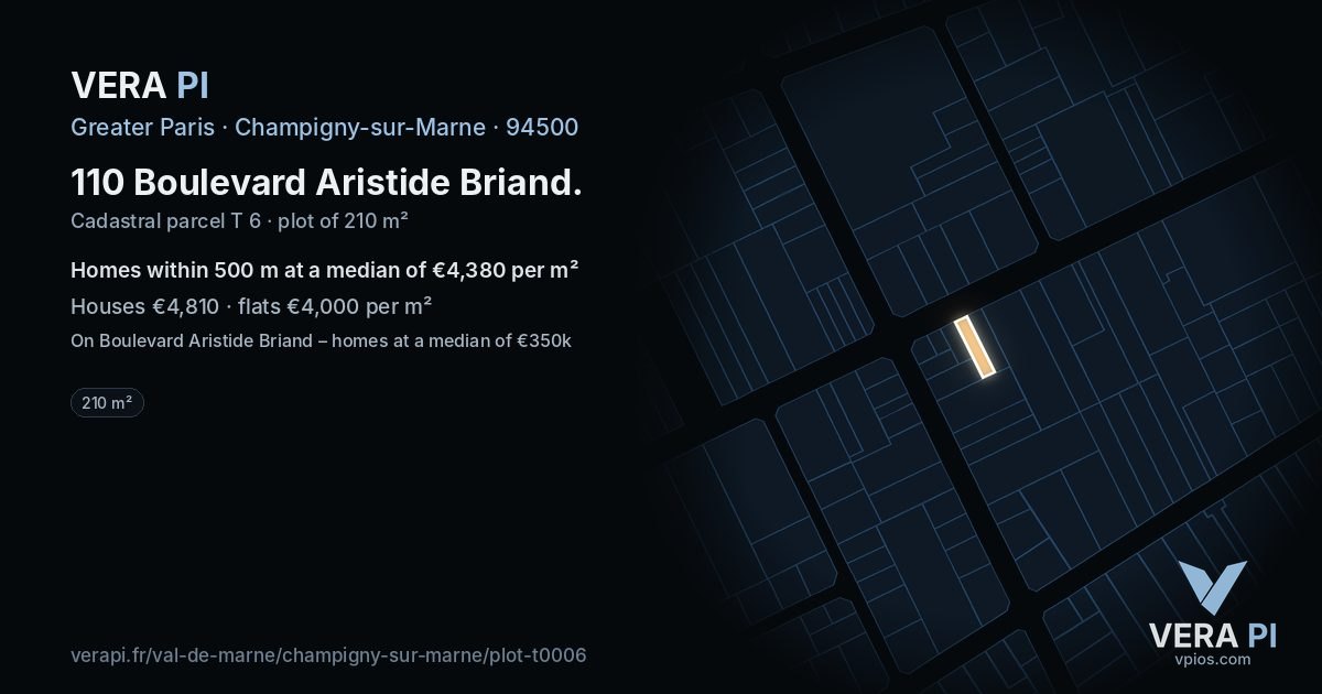 110 Boulevard Aristide Briand, Champigny-sur-Marne at night – the plot lit, the parcels around coloured by the prices near them