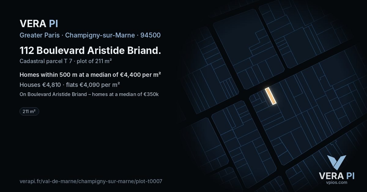112 Boulevard Aristide Briand, Champigny-sur-Marne at night – the plot lit, the parcels around coloured by the prices near them
