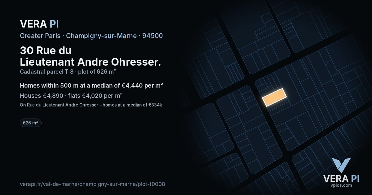 30 Rue du Lieutenant Andre Ohresser, Champigny-sur-Marne at night – the plot lit, the parcels around coloured by the prices near them
