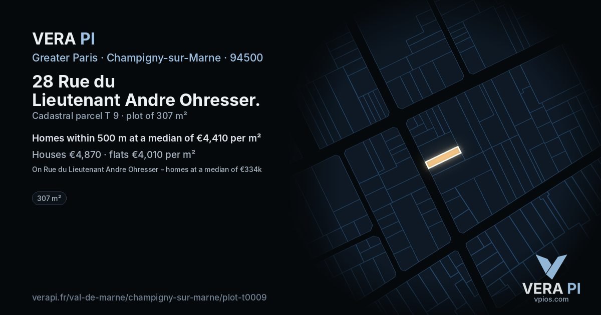 28 Rue du Lieutenant Andre Ohresser, Champigny-sur-Marne at night – the plot lit, the parcels around coloured by the prices near them