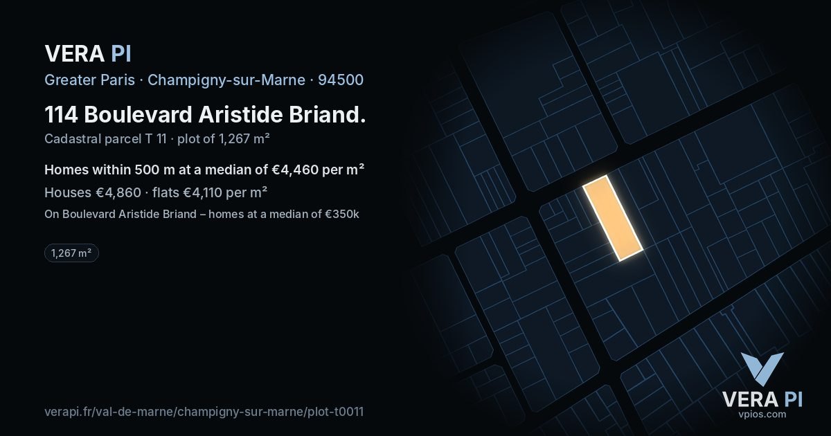114 Boulevard Aristide Briand, Champigny-sur-Marne at night – the plot lit, the parcels around coloured by the prices near them