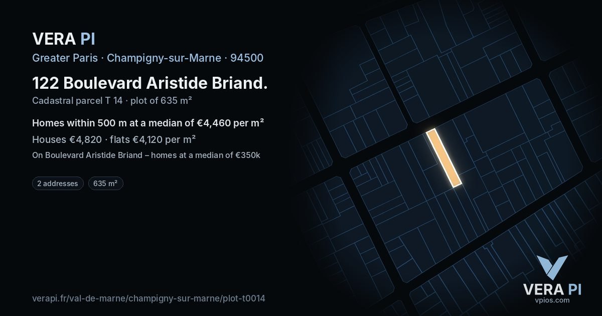 122 Boulevard Aristide Briand, Champigny-sur-Marne at night – the plot lit, the parcels around coloured by the prices near them