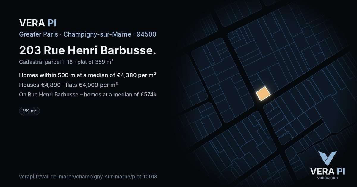203 Rue Henri Barbusse, Champigny-sur-Marne at night – the plot lit, the parcels around coloured by the prices near them