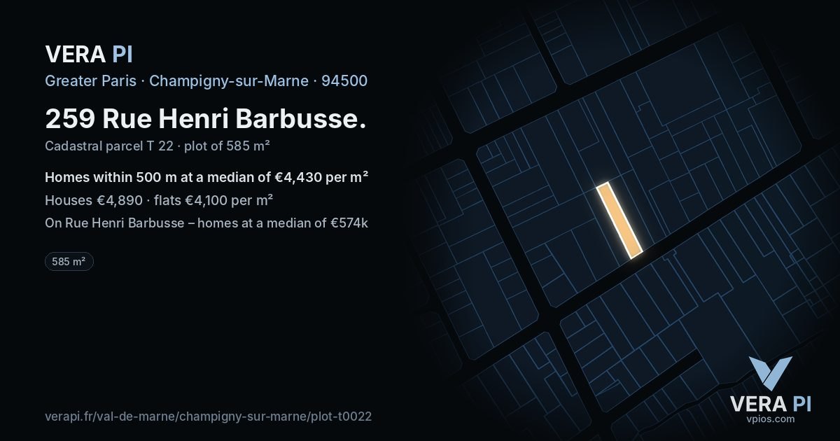 259 Rue Henri Barbusse, Champigny-sur-Marne at night – the plot lit, the parcels around coloured by the prices near them