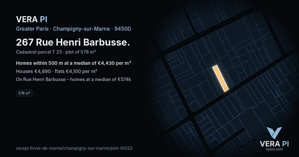 267 Rue Henri Barbusse, Champigny-sur-Marne at night – the plot lit, the parcels around coloured by the prices near them