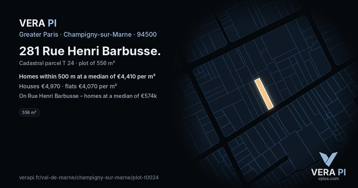 281 Rue Henri Barbusse, Champigny-sur-Marne at night – the plot lit, the parcels around coloured by the prices near them