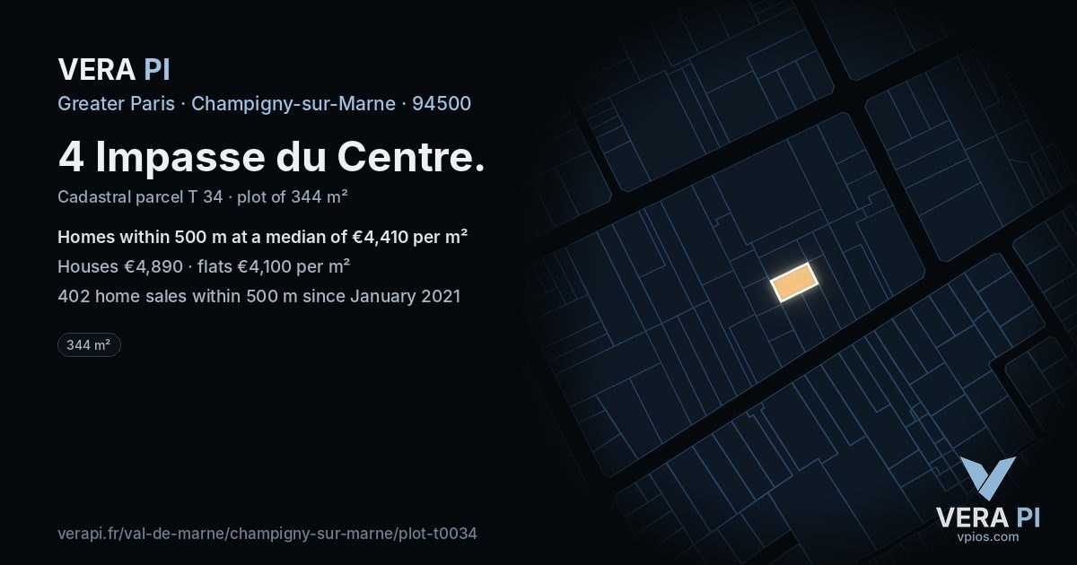 4 Impasse du Centre, Champigny-sur-Marne at night – the plot lit, the parcels around coloured by the prices near them