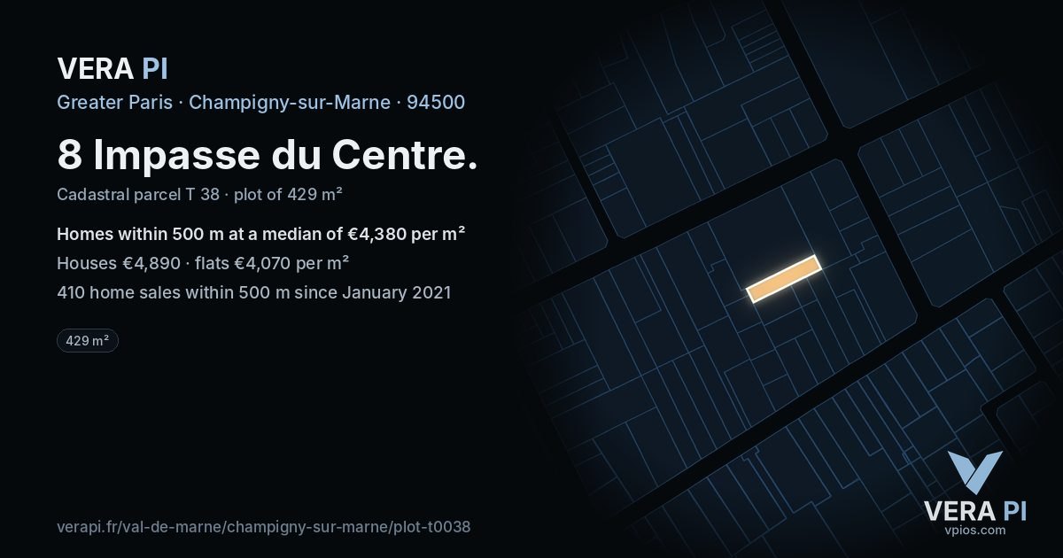 8 Impasse du Centre, Champigny-sur-Marne at night – the plot lit, the parcels around coloured by the prices near them