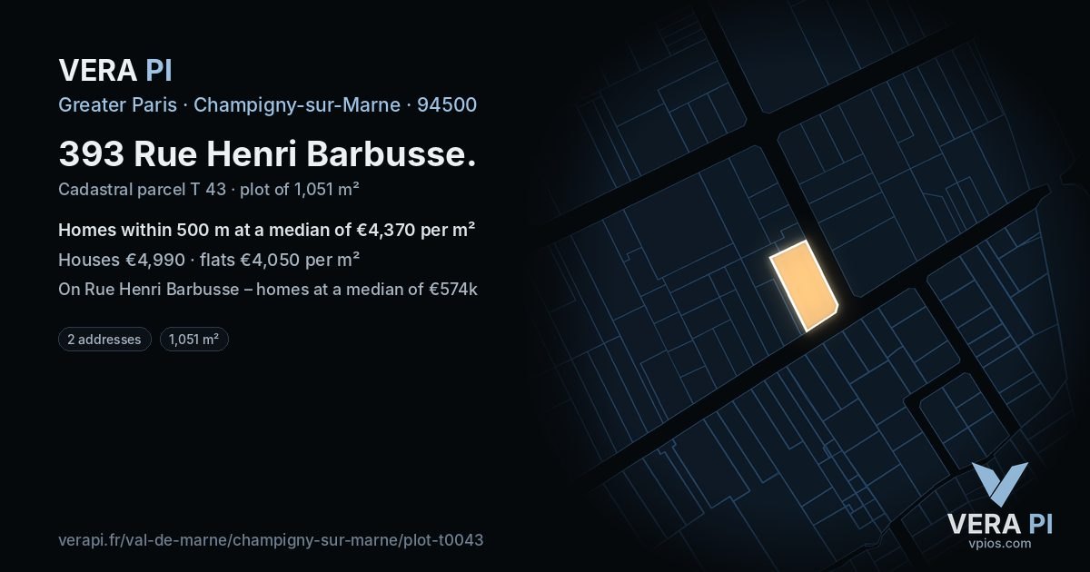 393 Rue Henri Barbusse, Champigny-sur-Marne at night – the plot lit, the parcels around coloured by the prices near them