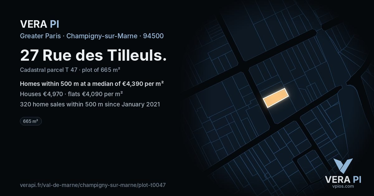 27 Rue des Tilleuls, Champigny-sur-Marne at night – the plot lit, the parcels around coloured by the prices near them