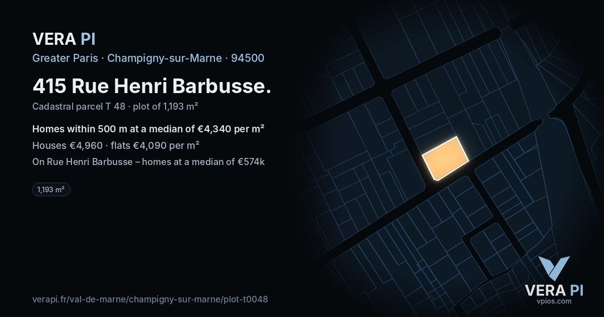 415 Rue Henri Barbusse, Champigny-sur-Marne at night – the plot lit, the parcels around coloured by the prices near them